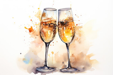 A toast with champagne, watercolor illustration. Generative AI.