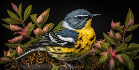 Wall Mural - Beautiful magnolia warbler in closeup, perched on a thorny shrub.