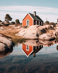 minimalist image of a beautiful idyllic island in the swedish archipelago, cute red cabin, beautiful water. concept of tranquility, relaxation, rest, vacation. image created with ai