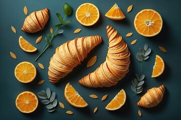 Wall Mural - orange slices and croissants in a flat dish