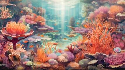 Wall Mural - Dive into a mesmerizing realm where colorful corals sway and dance beneath the waves. Generative AI