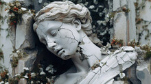 Damaged Statue Of Young Woman, Head Of Broken Female Sculpture