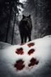 Red footprints of a black wolf in the snow between the trees. Closeup of animal tracks with sun shining through the trees. Realistic 3D illustration. Generative AI