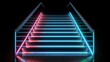abstract concept of a 3d render of a colorful neon rgb led lights stairs on dark black background. stairs goes up. Generative AI