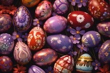 A 3D Rendered Background Of Colorful Easter Eggs With Lovely Patterns Of Flowers And Diamonds In Purple, Red, And Yellow. Generative AI
