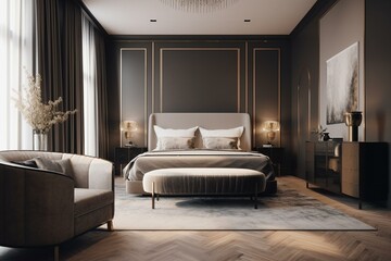 Luxurious bedroom with furniture, decor, and architecture detail. Chic and stylish design with comfortable bed, sofa, and chair. Generative AI