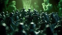 Green Plastic Toy Soldiers Advancing Under Heavy Fire. Generative Ai