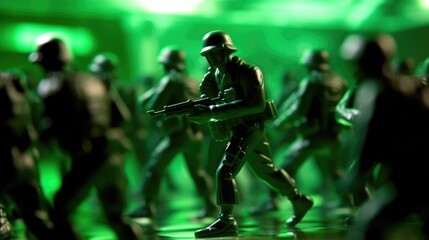 green plastic toy soldiers advancing under heavy fire. generative ai