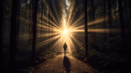 person walking on a path through a dense forest generative ai