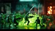 © ThisDesign - green plastic toy soldiers in a heated firefight generative ai