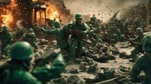 Green Plastic Toy Soldiers Advancing Under Heavy Fire Generative Ai