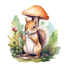 Cute Squirrel Cartoon In Watercolor Painting Style