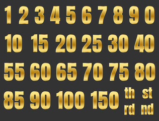 Gold Numerals Set. Golden metallic numbers from 1 to 0. The most popular numbers and the ability to collect any numbers you want. Create any combinations for your designs and ideas. Isolated vector