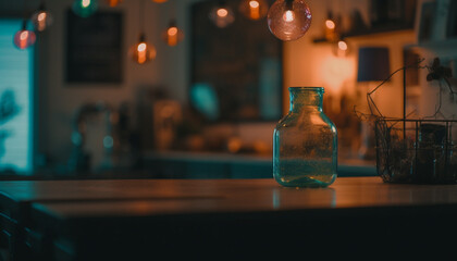 Poster - Modern bar design with illuminated wine bottles on wooden shelf generated by AI