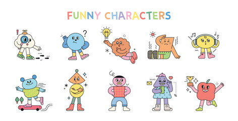 Wall Mural - Cute abstract shapes characters express various emotions and actions.