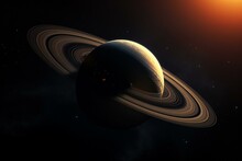 3D Illustration Of Saturn With Rings Viewed From Uninhabited Planet. Strange Planet And Asteroid Surface In Cosmos. Generative AI