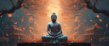 Generative AI Buddha Statue In The Forest. 3D Illustration. Panorama