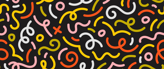 Colorful doodle seamless pattern. Abstract squiggle line repeating background. Simple scribbles, spirals and shapes wallpaper. Textile or fabric print design swatch. Vector backdrop.