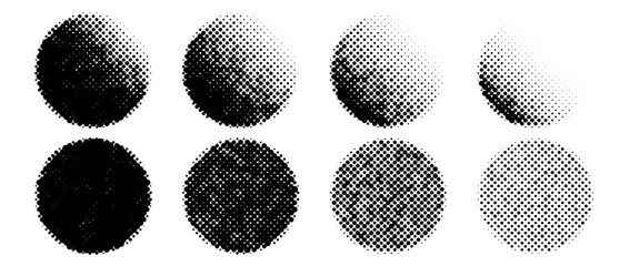 halftone circles shapes set. dotted textured spheres collection. round fading gradient in comic and 