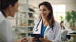 © Phoophinyo - Attractive female doctor giving advice to patient Medicine, health and people concept, female doctor with tablet computer talking to smiling female patient at hospital. generative ai