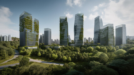 Wall Mural - sustainable modern city with dense high-rise skyscrapers amidst green park. generative ai aig18.