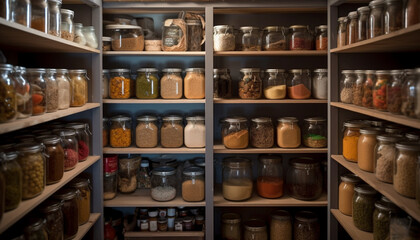 Wall Mural - A large collection of organic spices in glass bottles on shelves generated by AI