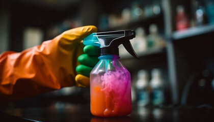 Poster - One person spraying cleaning product with protective glove in kitchen generated by AI