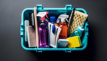 Poster - Variety of healthcare equipment in blue plastic containers for hygiene generated by AI