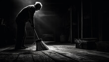 One Man Sweeping With Broom, Cleaning Dark Flooring Indoors Generated By AI
