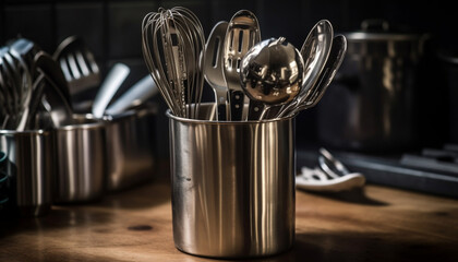 Wall Mural - Shiny stainless steel ladle reflects modern kitchen equipment in close up generated by AI