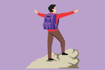 Graphic flat design drawing climber man stands with arm outstretched on top of mountain. Winner motivational concept. Tourist with backpack. Traveler in summer rocks. Cartoon style vector illustration