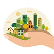Hand holding green city in flat design. Eco city concept vector illustration.
