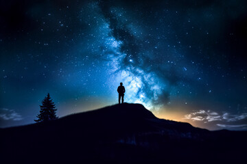 Silhouette of a man standing on top of a hill and looking at the milky way. Generative AI