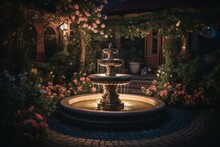 A Patio Fountain Adorned With Spring Flowers And Illuminated At Night. Generative AI