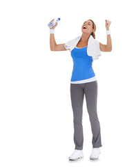 Canvas Print - Winner, woman celebrating and with water isolated against transparent png background for achievement. Success or winning, happy or smile and female athlete with bottle for celebration fitness goal