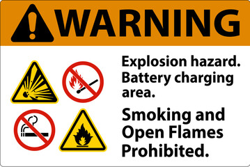 Wall Mural - Warning Sign Explosion Hazard, Battery Charging Area, Smoking And Open Flames Prohibited