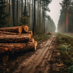 Wall Mural - Log spruce trunks pile. Sawn trees from the forest. Logging timber wood industry. Cut trees along a road prepared for removal. generative ai