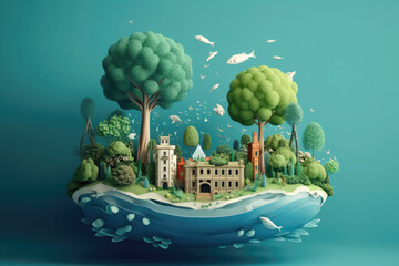Wall Mural - Paper art and digital craft style , World Green ecology City and Environmental friendly , Landscape with eco urban city , Earth day and world , Created with Generative Ai Technology