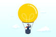 Businessman riding light bulb balloon using spyglass or telescope searching for vision, search for new business opportunity, idea or inspiration, business visionary, challenge or achievement (Vector)