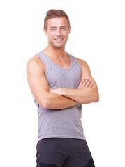 Fitness, arms crossed and portrait of man on transparent background for health, workout and exercise. Happy, wellness and gym with male person on png for training, muscle and body challenge