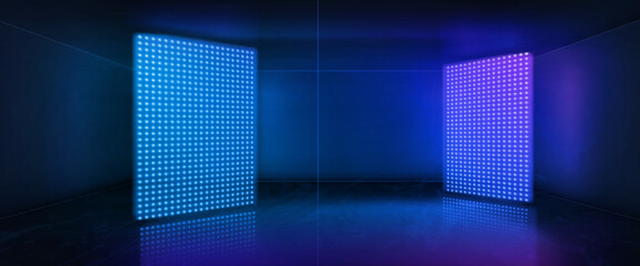 Wall Mural - Neon room with led light stage vector background. Dark abstract studio with screen night scene. Empty television hall for dance party or concert. 3d blue showroom interior for casino game design