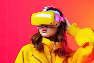 Wall Mural - beautiful asian woman wearing virtual reality goggles.Generative Ai