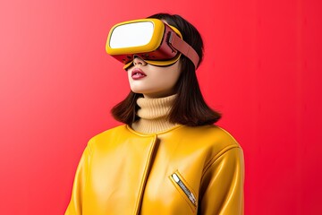 Canvas Print - beautiful asian woman wearing virtual reality goggles.Generative Ai