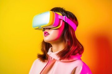 Canvas Print - beautiful asian woman wearing virtual reality goggles.Generative Ai