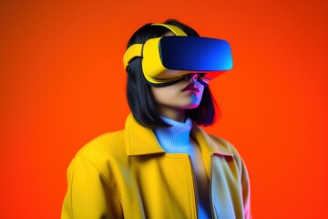 Canvas Print - beautiful asian woman wearing virtual reality goggles.Generative Ai