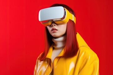 Canvas Print - beautiful asian woman wearing virtual reality goggles.Generative Ai