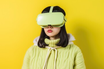 Canvas Print - beautiful asian woman wearing virtual reality goggles.Generative Ai