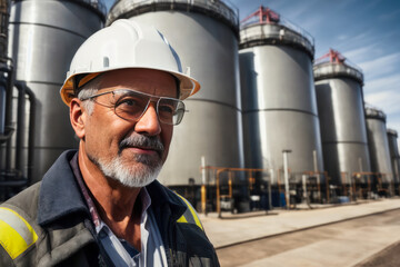 Wall Mural - Digital portrait of a senior successful confident professional Petrochemical engineer standing in a Gas storage. Concept of active age. Generative AI