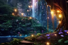 Glowing Fireflies Illuminating A Hidden Fairytale Garden At Dusk, With A Majestic Waterfall Cascading Down A Vibrant Flower Covered Cliff. Generative AI