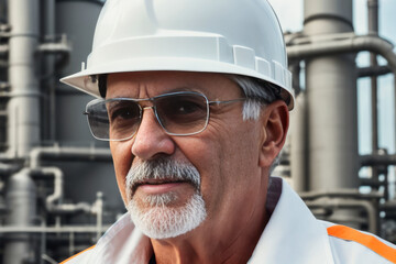 Wall Mural - Digital portrait of a senior successful confident professional Petrochemical engineer standing in a Gas storage. Concept of active age. Generative AI